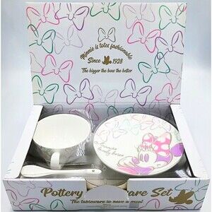Disney MINNIE MOUSE Lovely Bows Pottery Tableware 3-Piece Set Plate Mug Spoon